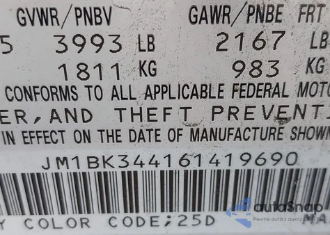 2006 Mazda Mazda3 S Touring z USA, uszkodzony, nr VIN JM1BK344161419690